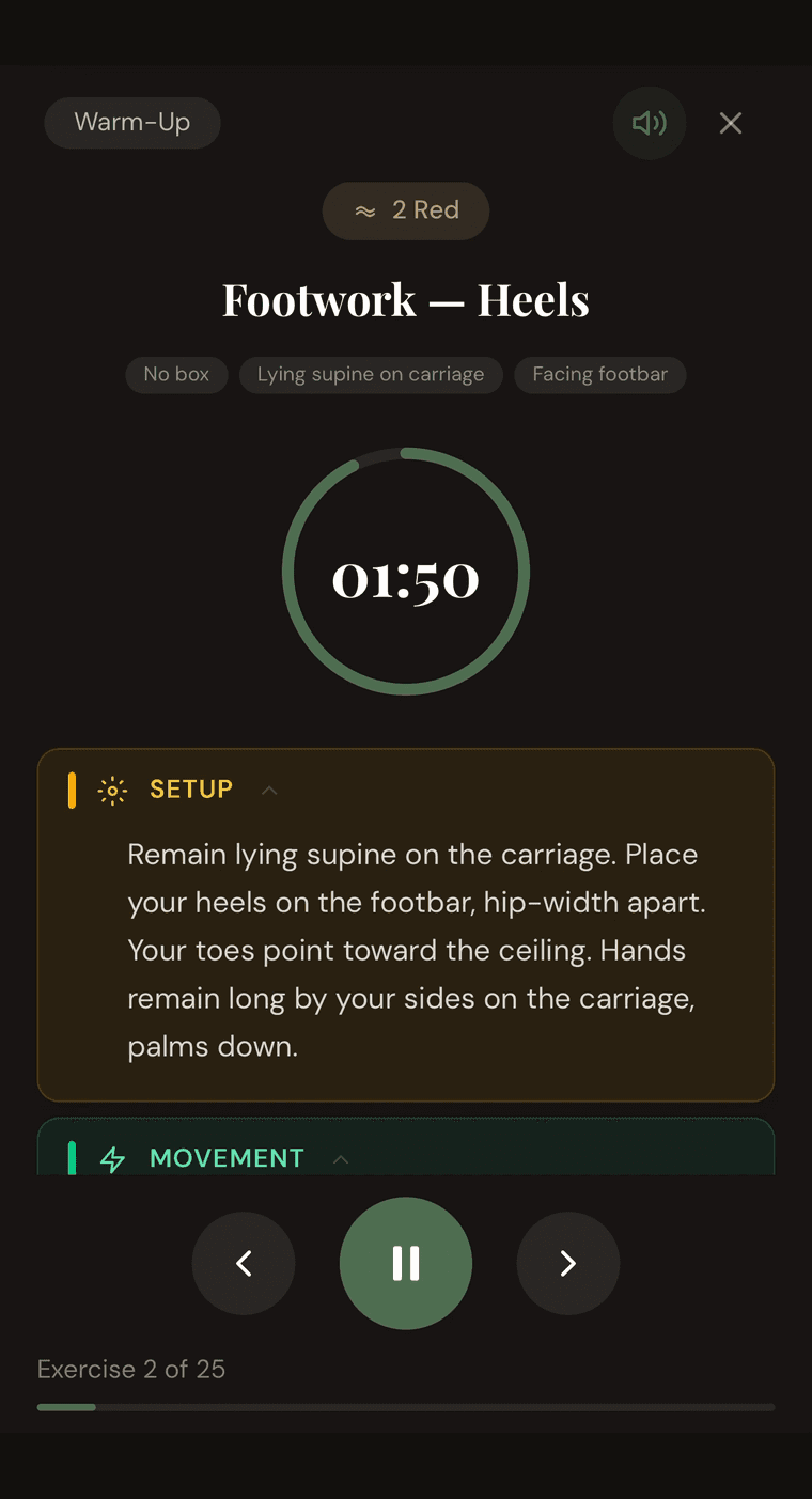 The CuePilates live teaching timer counting down and showing the spoken cue for Footwork